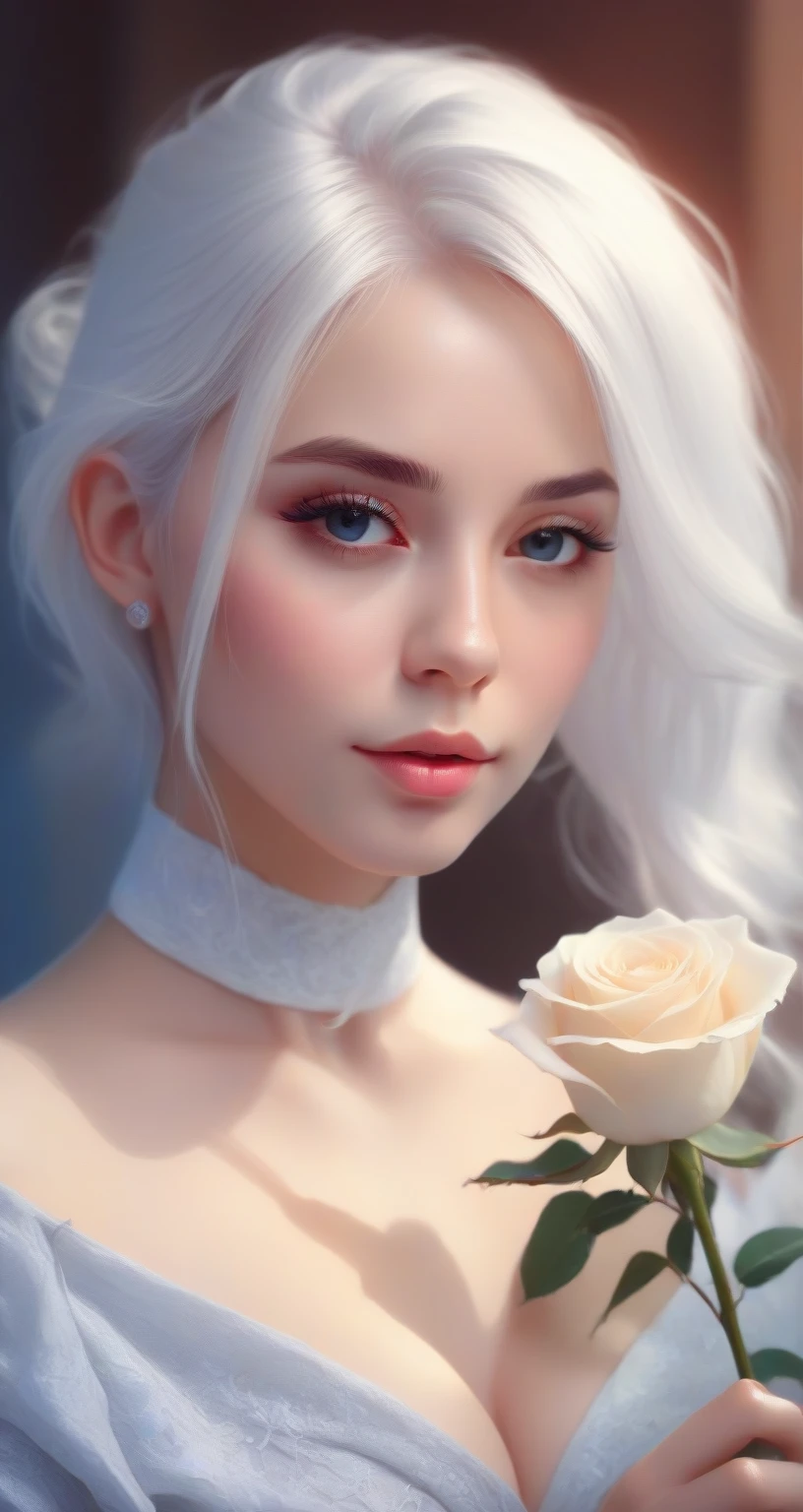 there is a woman with a rose in her hand, artwork in the style of guweiz, girl with white hair, guweiz, perfect white haired girl, fantasy art style, rossdraws portrait, elegant digital painting, 8k high quality detailed art, realistic artstyle, beautiful digital artwork, realistic digital art 4k, realistic digital art 4 k