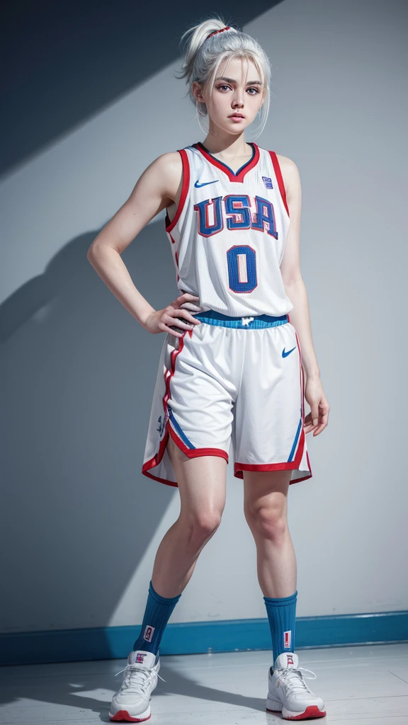 Female teenager with white hair up blue eyes and white skin wearing USA NBA uniform full body