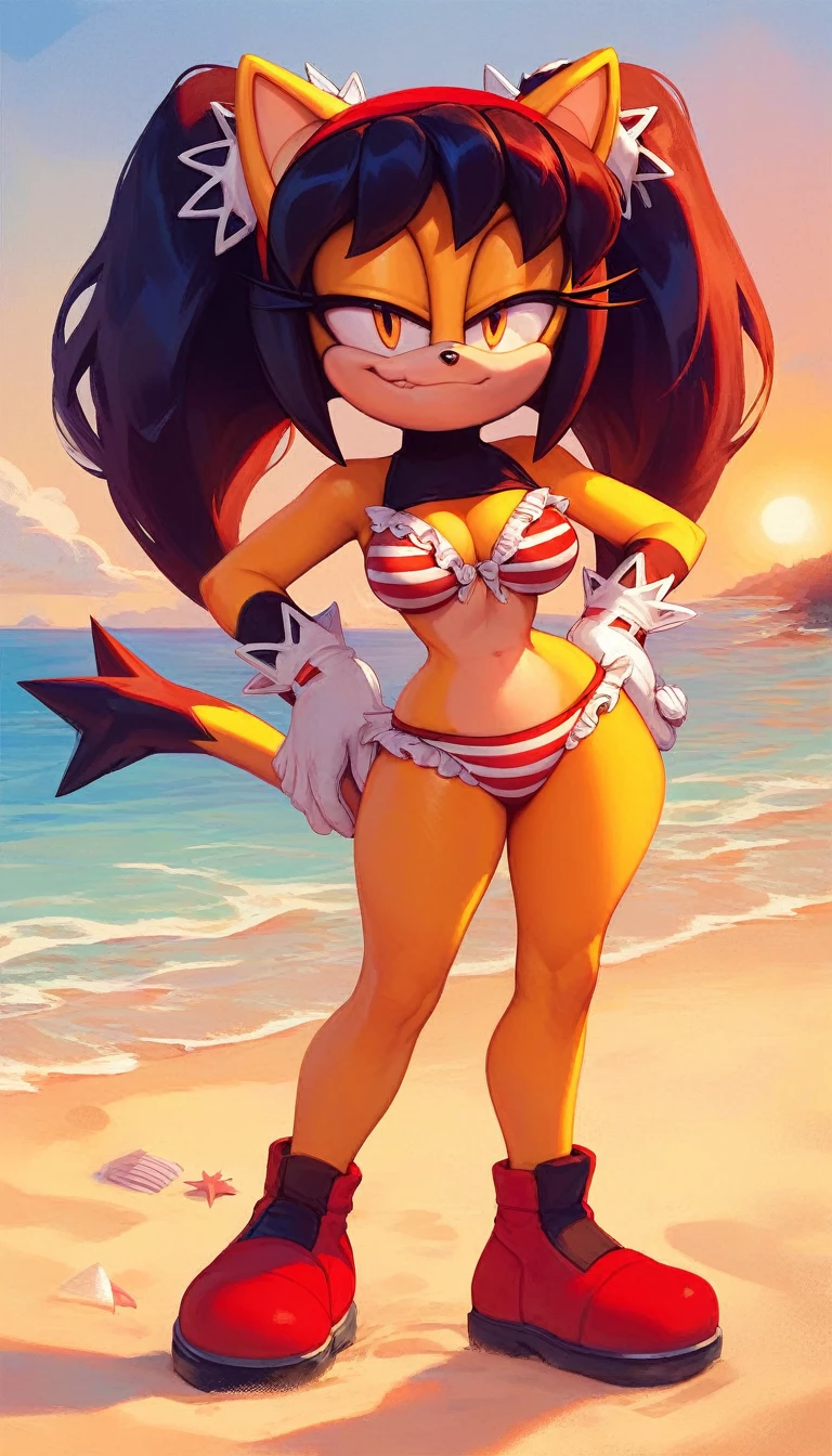 score_9, score_8_up, 2D, beach, sunset, looking at viewer, 1girl, very detailed, extremely detailed, honey the cat from the sonic the hedgehog series, full body, frilly hair ties, half-closed eyes, smug smile, {(red bikini), (striped bikini bra), (striped bikini panties), hips, thighs, medium breasts, paw feet