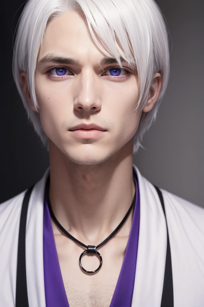 Man with short straight white hair, violet eye, with a cymetrical face