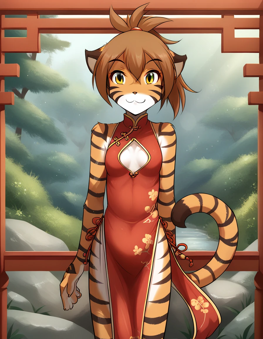 score_9, score_8_up, score_7_up, score_6_up, score_5_up, score_4_up, rating_explicit, source_furry, female, cute anthro female, cute face, detailed background, looking at viewer, solo, solo focus, (no nipples, no vagina:1.2), (digital pen line-art, soft lines, soft shading, pinup, cartoon, anime:1.4), tkflora,tiger, striped fur, tiger tail, (short red Qipao:1.4), tiger tail, looking at viewer, legs, outside, martial artist, happy, legs, tied hair, (short pelvic curtain, clothing cutout, small breasts:1.4), ponytail,