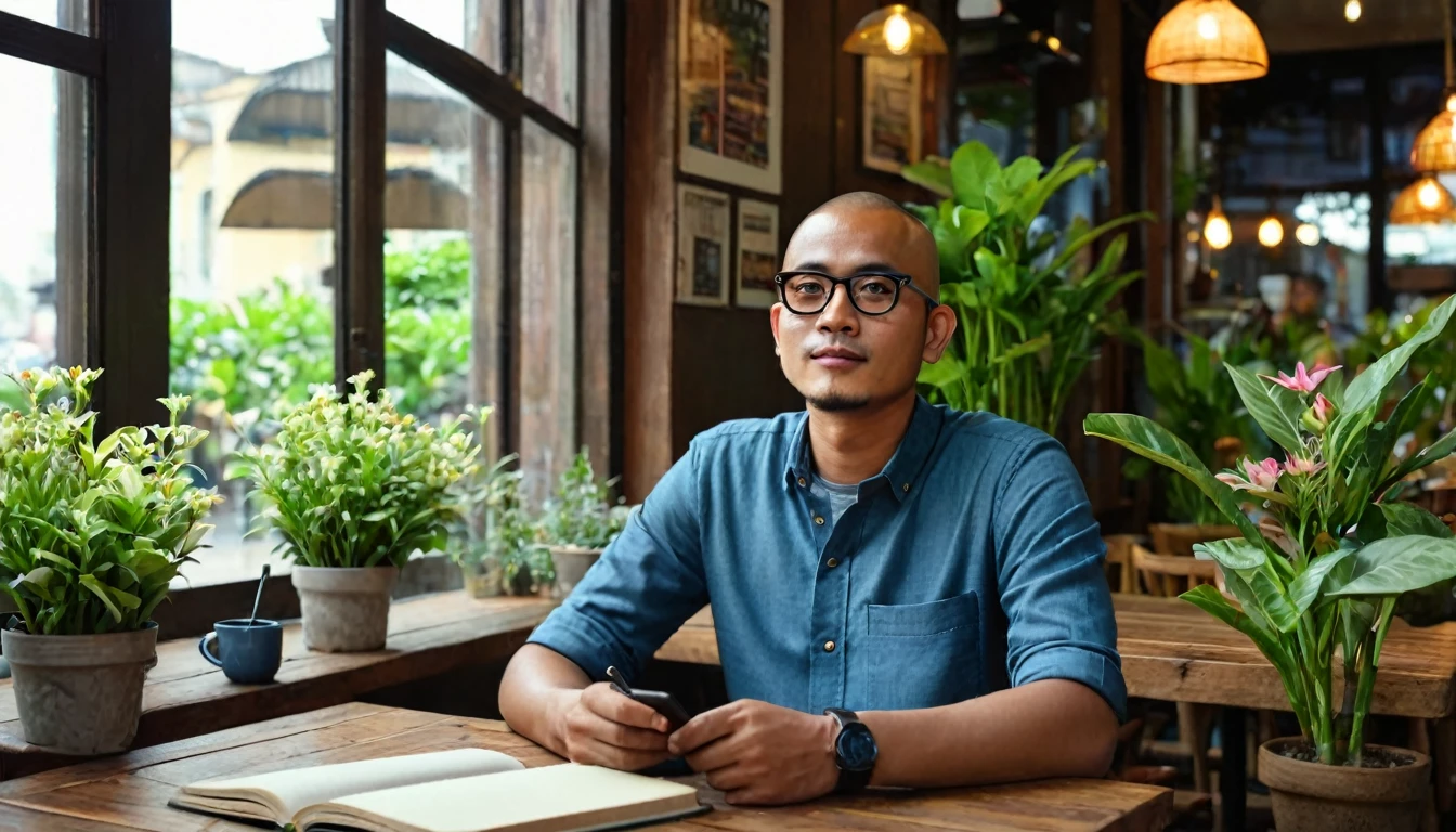 Create an image of Adul, an Indonesian man with a shaved head, slightly brownish skin color, 30 years old, wearing a simple blue shirt, blue jeans, black shoes, and dark Ray-Ban glasses. He is sitting alone at a wooden table in a cozy café. The café has dim hanging lights, wooden tables with small vases of fresh flowers, and shelves filled with books and green houseplants. A large window beside him shows a bustling city street, but the atmosphere inside is serene and quiet. Adul is enjoying a cup of steaming black coffee, with an open laptop and a notebook on the table in front of him. (8K, realistic, hyper focus, hyper details)