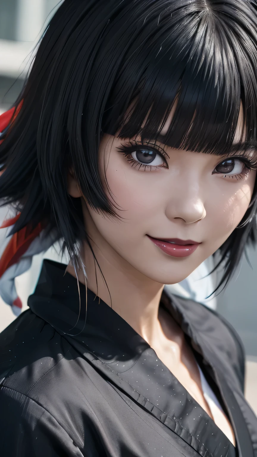 sfw, a close up of a person with short hair and a black kimono, soifon, soifon from anime bleach, as an anime character, perfect anime face, she has black hair with bangs, female anime character, anime character, anime best girl, hime cut hairstyle, black hair, (red glossy lips:1.3), blue eyes, smile, realistic, ultra detail, city background, (beautiful face:1.3), wearing bra,((skinny waist)), young asian girl, ((big breasted)),