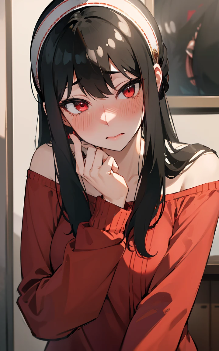 Absurd:1.8, Realistic, unity 8k wallpaper, masterpiece, Detailed Hair, Very detailed, Realistic glistening skin、(Black-haired、Long hair short hair、White hair band、Red eyes、Off the shoulder、Red sweater、Long sleeve)、(Embarrassing、blush:1.3)、
