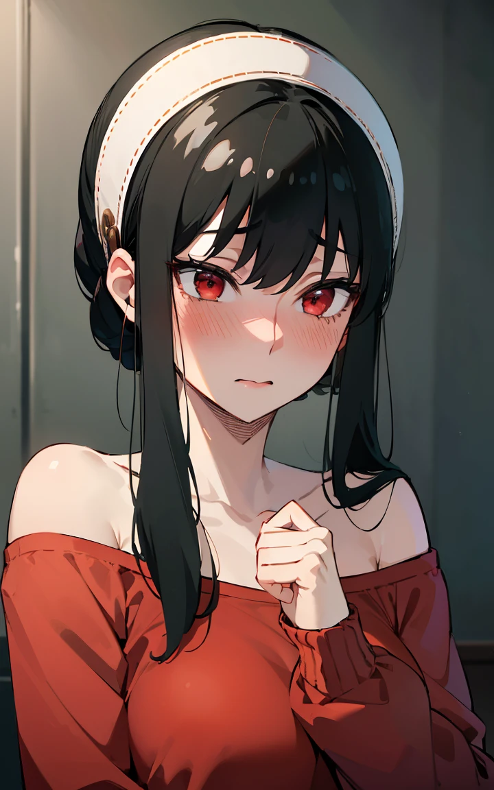 Absurd:1.8, Realistic, unity 8k wallpaper, masterpiece, Detailed Hair, Very detailed, Realistic glistening skin、(Black-haired、Long hair short hair、White hair band、Red eyes、Off the shoulder、Red sweater、Long sleeve)、(Embarrassing、blush:1.3)、