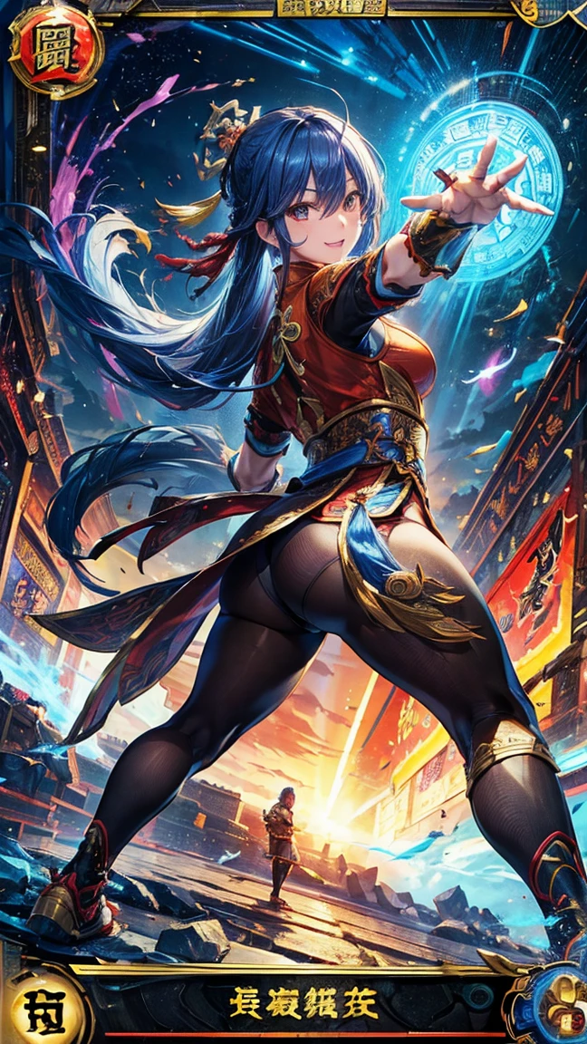 (1 mature Chinese martial artist,Full Body Tights,Age 35), ((Pub,guild)),(smile),Dynamic pose,Dynamic Angle,Pose for a photo,From below,Elderly woman、Trading Card Game Frames、Highest Rare、Five Fingers、Signature mark、Recovery Officer、Big Butt、Blue Hair、Gauntlet Fighting Pose