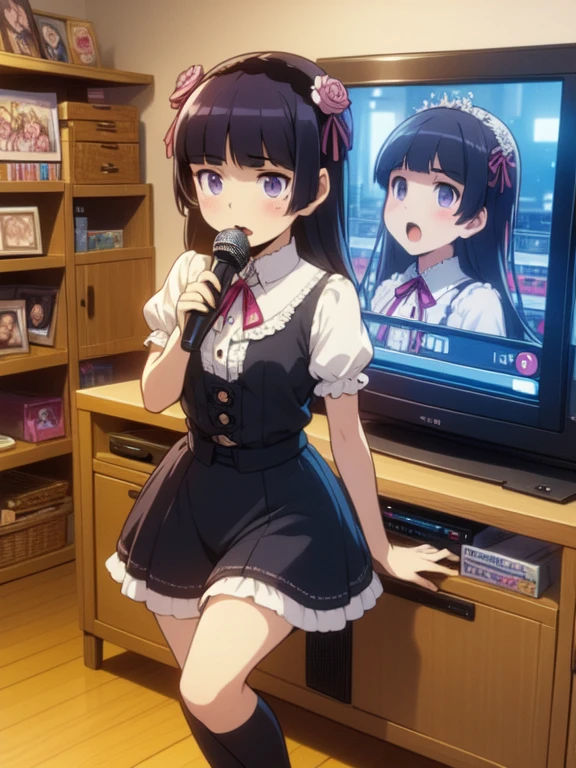 (ruri gokou), (Ultra-high resolution), (masterpiece), (Attention to detail), (high quality), (最high quality) , 1 Girl, alone, Hime cut, Gothic Lolita, Lolita Fashion, head band,, ((karaoke machine wired)), (2girl), singing, holding a mic, subtitle on TV, manga bookcase, sofa, carpet, posters, curtain, wooden floor, slipper,