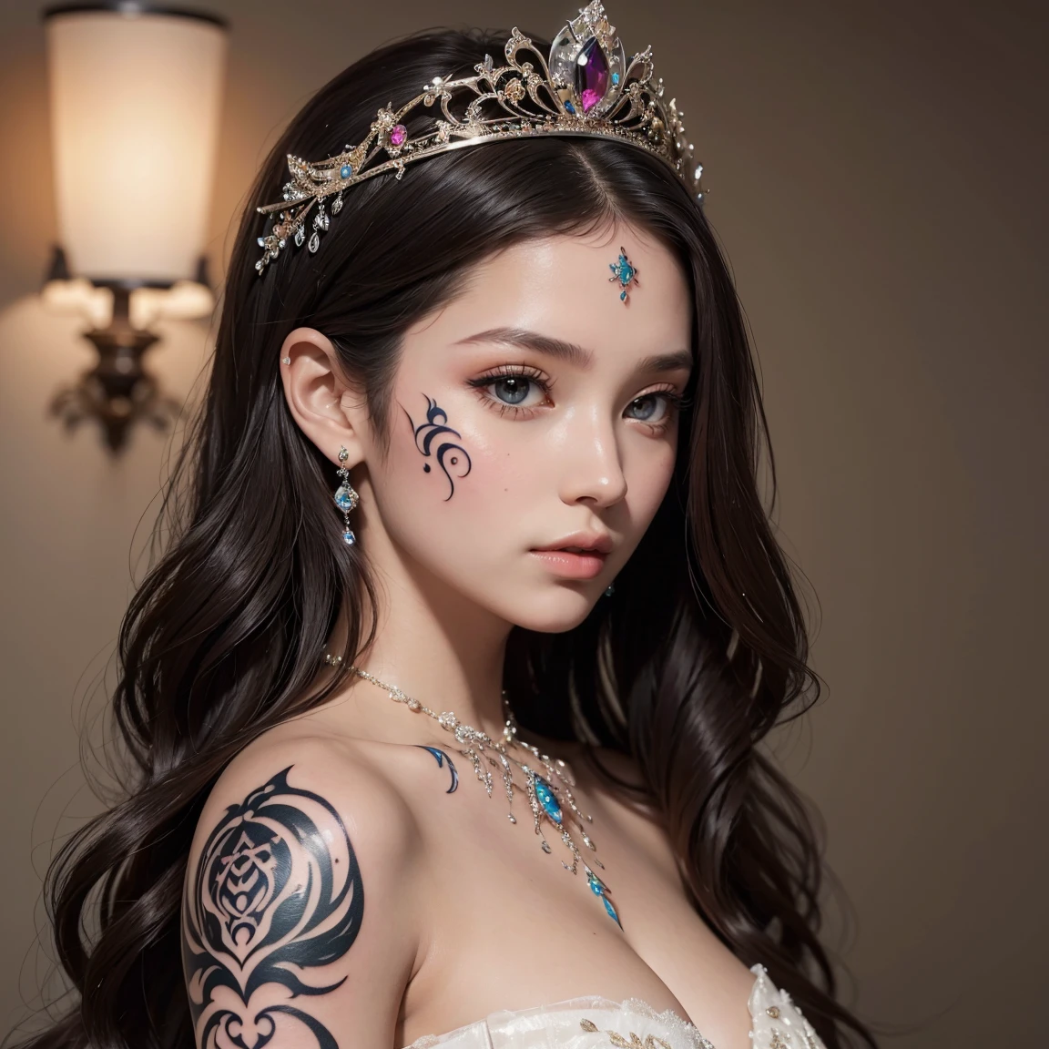 (masterpiece, best quality), ultra detailed, high resolution, 16k, the most beautiful face in the world, perfect face, delicate facial features, highly detailed beautiful face and eyes, shiny skin, highly detailed background, elaborately designed, fine cloth texture, BREAK, (gorgeous and stunning age princess in gorgeous and luxurious princess dress:1.2), perfect make-up, eyeshadow, lash extensions, rouge, deeply in love, full of elegance, (face mysterious tattoo:1.4)