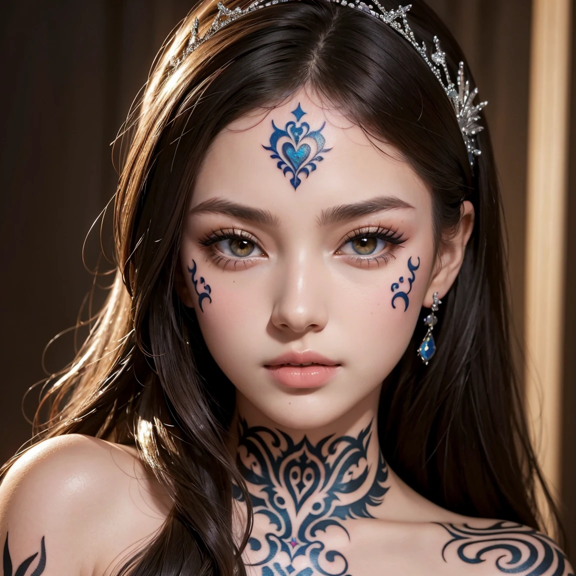 (masterpiece, best quality), ultra detailed, high resolution, 16k, the most beautiful face in the world, perfect face, delicate facial features, highly detailed beautiful face and eyes, shiny skin, highly detailed background, elaborately designed, fine cloth texture, BREAK, (gorgeous and stunning teenage princess in gorgeous and luxurious princess dress:1.2), perfect make-up, eyeshadow, lash extensions, rouge, deeply in love, full of elegance, (face mysterious tattoo:1.4)