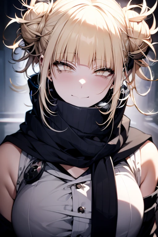 Himiko Toga (Boku no Hero Academia): Blonde hair, tied in two messy buns on each side of her head, with some loose strands. Yellow eyes with small, thin pupils. Face with an often ic smile and, sometimes, a manic expression. Outfit consists of a Japanese with short skirt and sailor blouse, modified with a thick, voluminous scarf that hides tubes attached to containers on her belt. Equipment includes syringes and blades to collect blood from victims. Overall style combines innocent appearance with dark and disturbing elements, mixing school elements with villainous accessories.