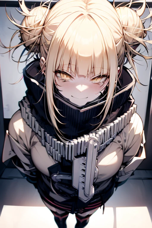 **Himiko Toga (Boku no Hero Academia):** Blonde hair, tied in two messy buns on each side of her head, with some loose strands. Yellow eyes with small, thin pupils. Face with an often sadistic smile and, sometimes, a manic expression. Outfit consists of a Japanese with short skirt and sailor blouse, modified with a thick, voluminous scarf that hides tubes attached to containers on her belt. Equipment includes syringes and blades to collect blood from victims. Overall style combines innocent appearance with dark and disturbing elements, mixing school elements with villainous accessories.
