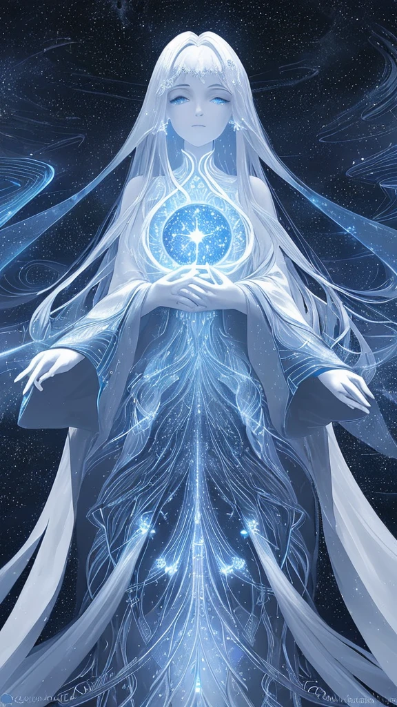 Create a highly mystical and ethereal image featuring a bright, glowing core surrounded by intricate, wavy lines and star-like dots. The lines and patterns should be pronounced, creating a sense of depth and otherworldly beauty. Use shades of blue, white, and black to enhance the cosmic and celestial feel. Add subtle, shimmering light effects and faint celestial elements like nebulae and galaxies in the background to complete the enchanting and magical atmosphere.