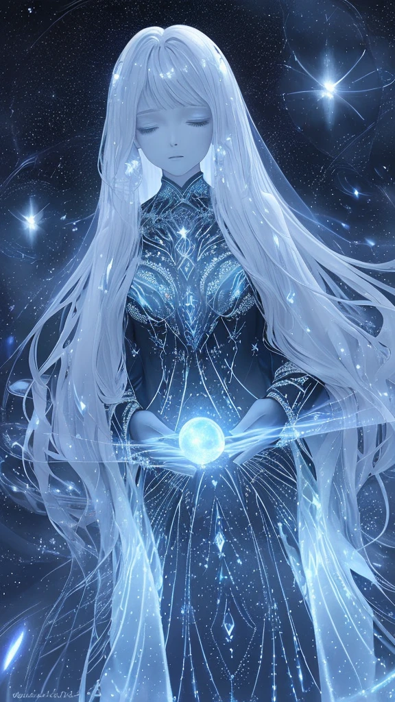 Create a highly mystical and ethereal image featuring a bright, glowing core surrounded by intricate, wavy lines and star-like dots. The lines and patterns should be pronounced, creating a sense of depth and otherworldly beauty. Use shades of blue, white, and black to enhance the cosmic and celestial feel. Add subtle, shimmering light effects and faint celestial elements like nebulae and galaxies in the background to complete the enchanting and magical atmosphere.