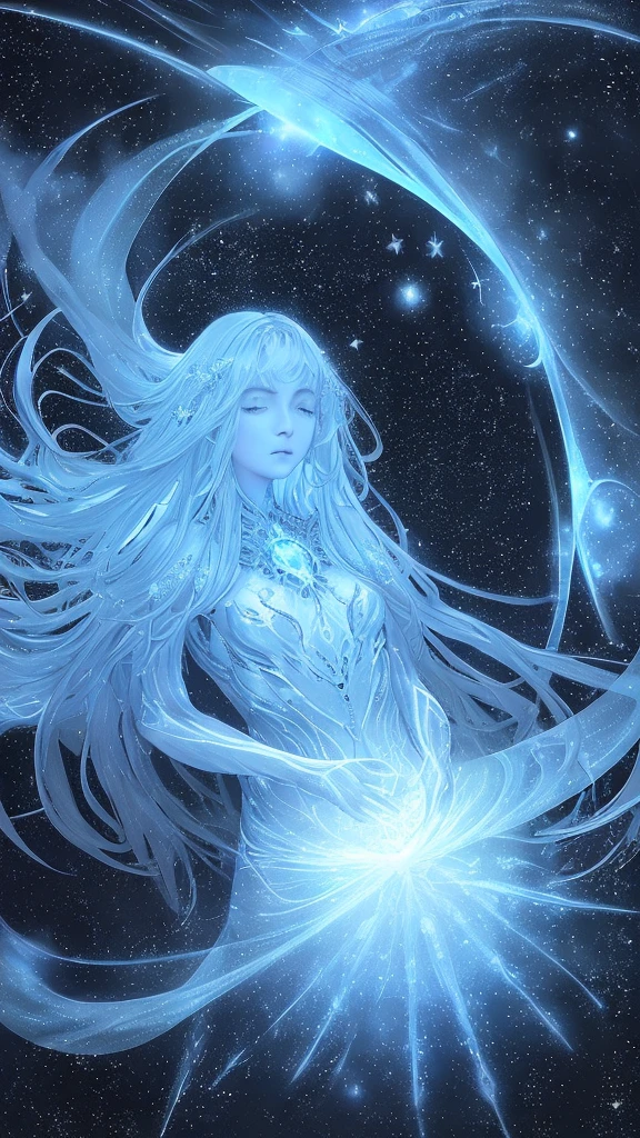 Create a highly mystical and ethereal image featuring a bright, glowing core surrounded by intricate, wavy lines and star-like dots. The lines and patterns should be pronounced, creating a sense of depth and otherworldly beauty. Use shades of blue, white, and black to enhance the cosmic and celestial feel. Add subtle, shimmering light effects and faint celestial elements like nebulae and galaxies in the background to complete the enchanting and magical atmosphere.