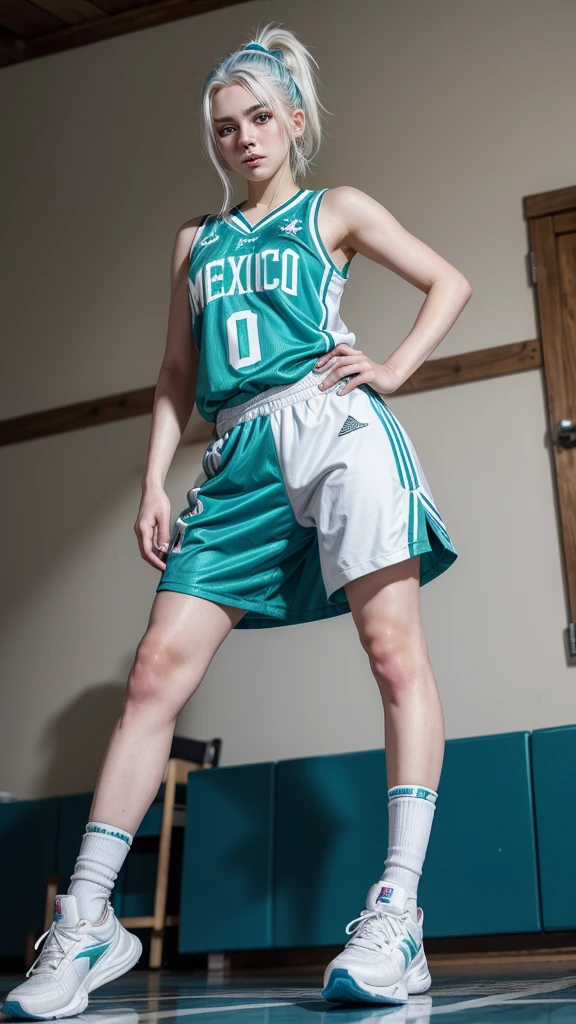 Female teenager with white hair up blue eyes and white skin wearing MEXICO NBA uniform full body