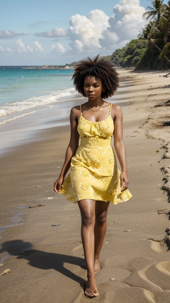 Create an image of black woman with afro hair, wearing a yellow dress, walking on the beach a sunny day!