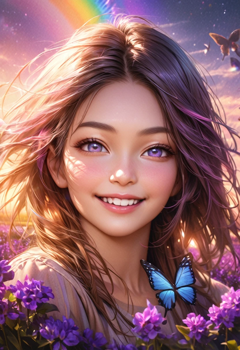 portrait photo in a field with purple flowers, butterflies in the air with a beautiful rainbow in the sky, looking at the viewer, beautiful smile, ultra realistic, ultra detailed