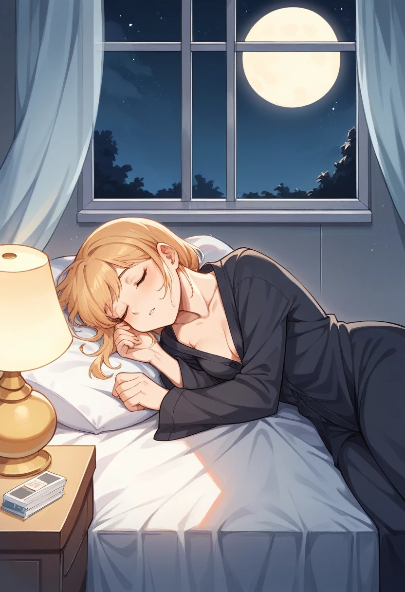 Imagine a soft, soothing illustration of a Beautiful girl was sleeping on a comfortable bed, eyes closed, black pajamas. The room is plunged into darkness, except for soft light emanating from a bedside lamp near the bed, qui jette une lueur chaleureuse sur son visage paisible. Through the half-open window, The Starry Night Stretches Out, full moon, creating a magical contrast between the peaceful interior and the mysterious outside world. Light curtains move slightly with the night breeze, adding a touch of movement to this tranquil scene.