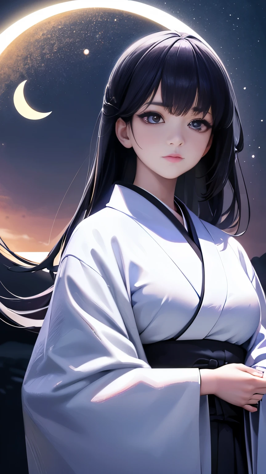 One girl, Beautiful Face, ((White eyes)), Kimono pose, Front view with crescent moon in the background, performer, space, (Lightroom:1.13), Soft Light, (Natural skin texture:1.2), (Hyperrealism:1.2), Sharp focus, Concentration,[[Realistic]]
