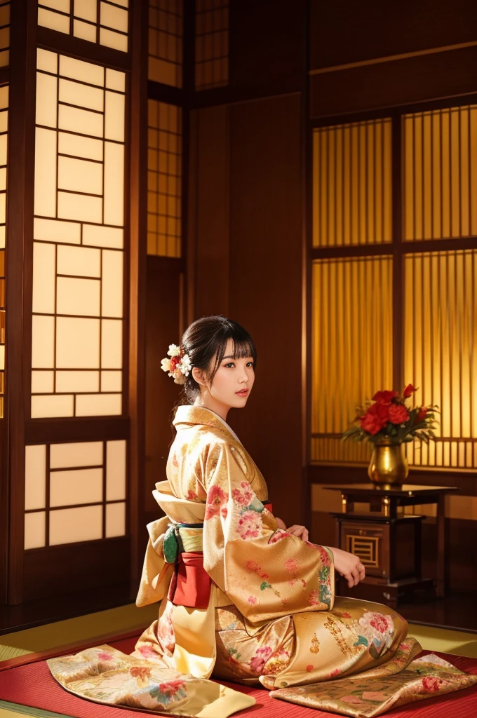 大きい胸、 kimono、Cinematic atmosphere、Professional composition、Natural Body、fantasy,sitting in front of a golden screen、flower arrangement、tatami、looking at the camera、real