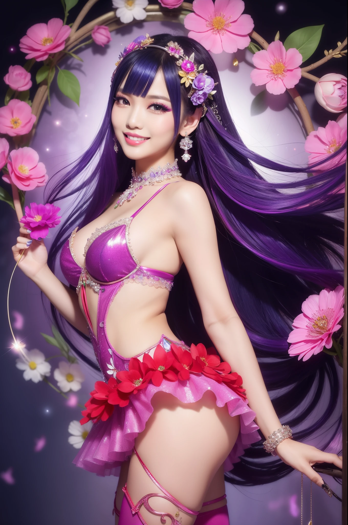 Sexy Indonesian model who controls poison、beautiful smile、lipgloss、long lashes、intense makeup、look at the camera、full body Esbian、、sparkling poisoned flower costume、、、、sparkling Colorful hair、secrete poison、skull hair accessories schnet tights、shiny sparkling flowers background