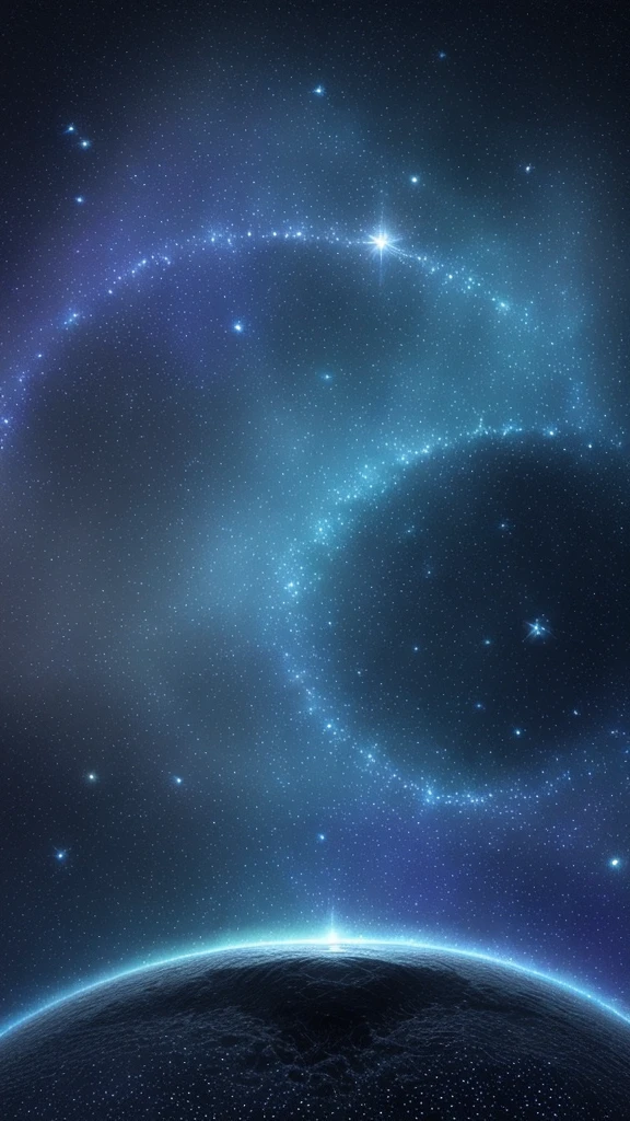 Create a highly mystical and ethereal image featuring a bright, glowing core surrounded by intricate, wavy lines and star-like dots. The lines and patterns should be pronounced, creating a sense of depth and otherworldly beauty. Use shades of blue, white, and black to enhance the cosmic and celestial feel. Add subtle, shimmering light effects and faint celestial elements like nebulae and galaxies in the background to complete the enchanting and magical atmosphere.