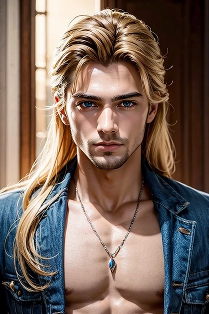 Make a realistic Greek mythology image of a son of Apollo with long blonde hair AND extremely handsome