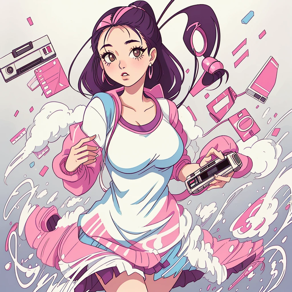 Very beautiful Japanese girl around 18 years old,woman,breast enhancement,Looking at me with a retro cassette tape,womanはとても幸せそうです,1980s,Wearing retro clothes