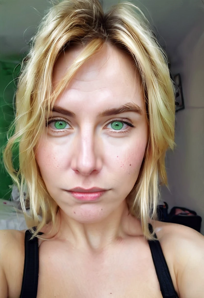 WOMAN 35 YEARS OLD, messy blonde hair, with open pores, wrinkles, greeneyes, big face and full lips, bushy eyebrows, is looking straight into the camera, with a welcoming look, , homemade looking photo, no effects and shine, must look like a real person, cell phone selfie photo, must have background image, whether the fourth,