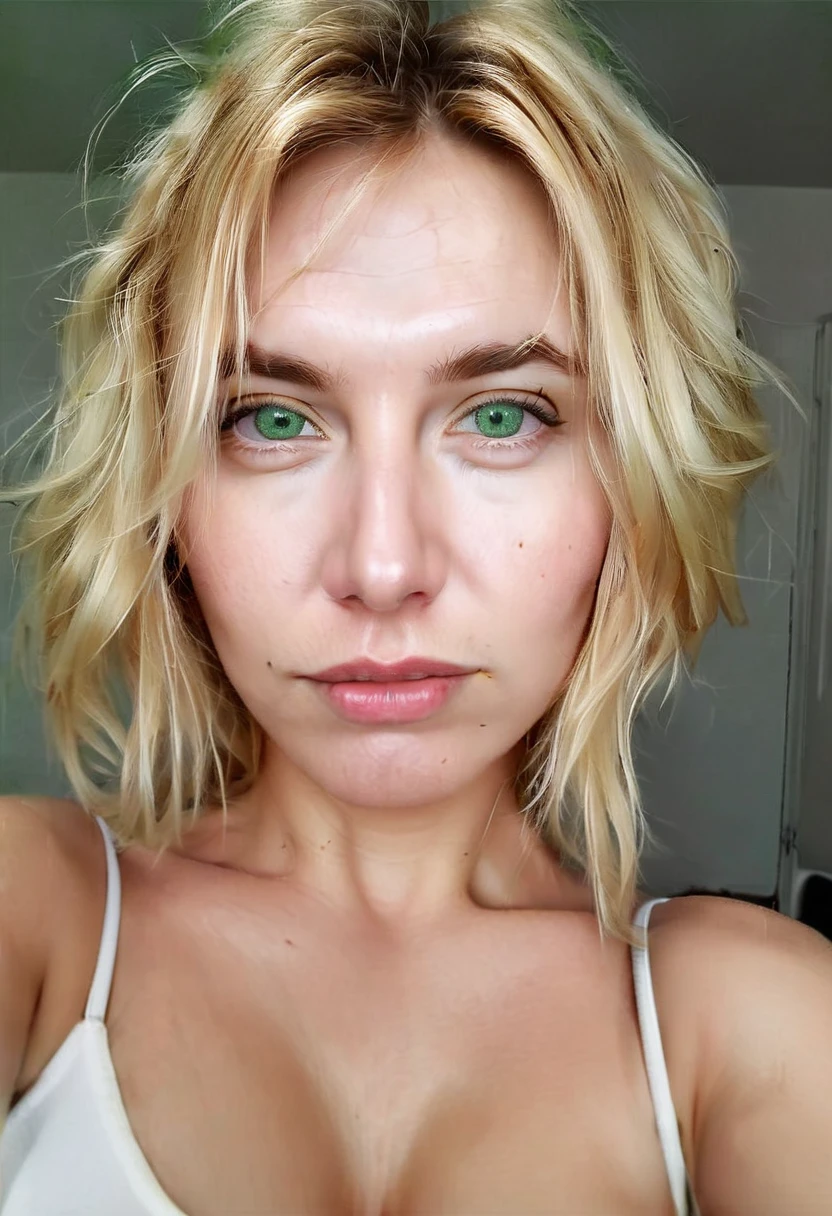 WOMAN 35 YEARS OLD, messy blonde hair, with open pores, wrinkles, greeneyes, big face and full lips, bushy eyebrows, is looking straight into the camera, with a welcoming look, , homemade looking photo, no effects and shine, must look like a real person, cell phone selfie photo, must have background image, whether the fourth,
