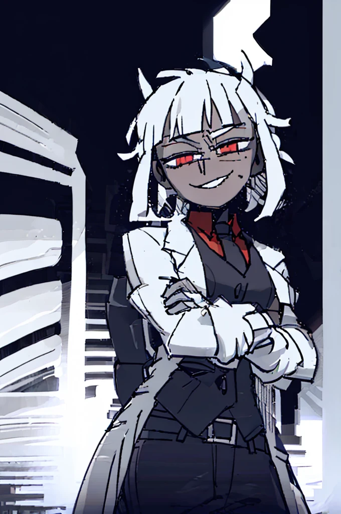 ((best qualityer)), ((work of art)), (detailded), 1 boy,darkskin,Eyes red,scientist outfit, white labcoat, long hair, antlers,((Scientific laboratory)),(crossed arms), wide smile ((psychotic)), holding a knife((bloodstains))