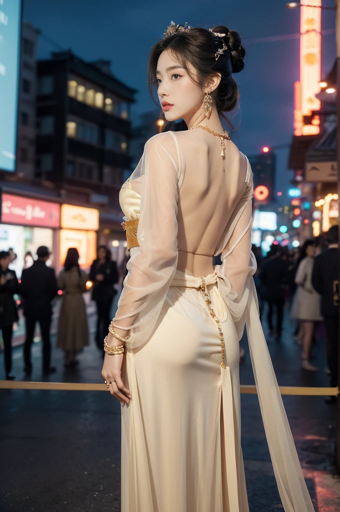 (((best quality))),(((ultra detailed))),(((masterpiece))),illustration,((1 beautiful girl,solo,korean princess)),((see through gorgeous beige sheer hanbok)),((slim,thin)),((bare back,gigantic hips,briefs, butt crack)),bun hair,((city streets,night scene)),delicate features,(traditional jewelry,earrings,necklace),modernity,tranquility,vision of beauty,((standing,upper body,from back)),((The background is a tall building filled with neon billboards)),(surrounded by crowded crowds:1.3)