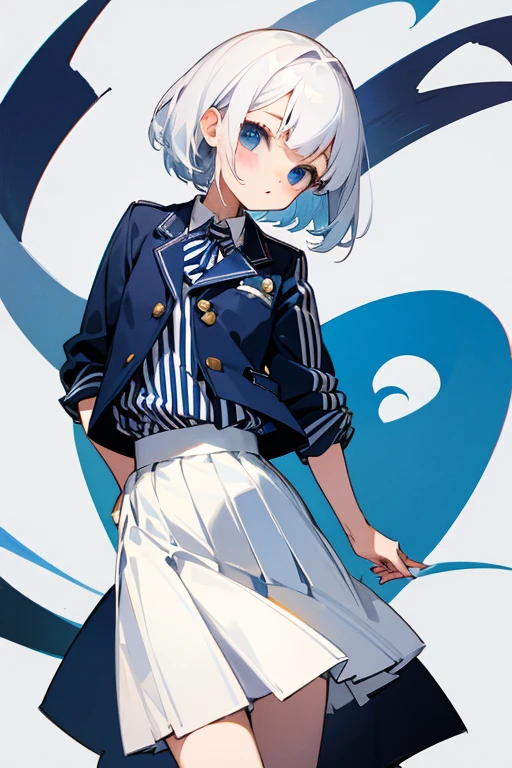 Short white hair, 16 years old、White shirt、Navy blue striped jacket、Cute Skirt、Embarrassing、Background is white、