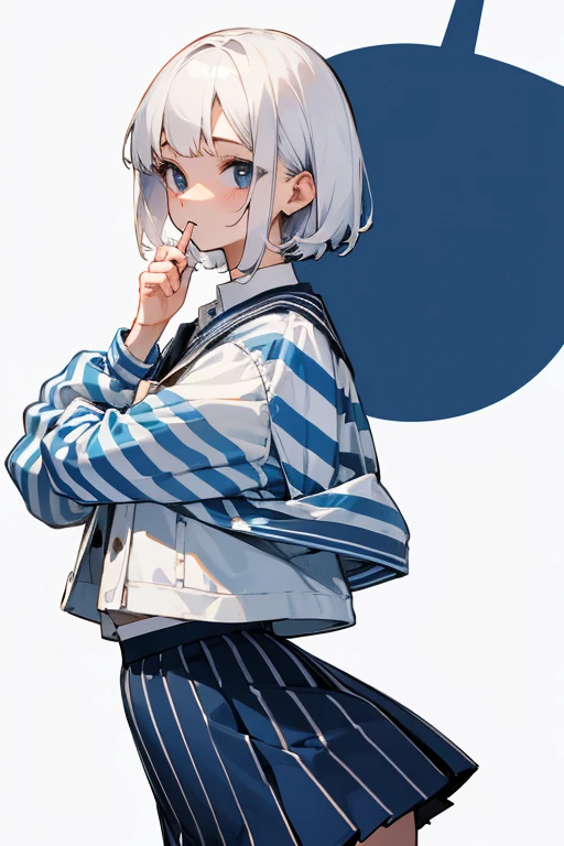 Short white hair, 、White shirt、Navy blue striped jacket、Cute Skirt、Embarrassing、Background is white、