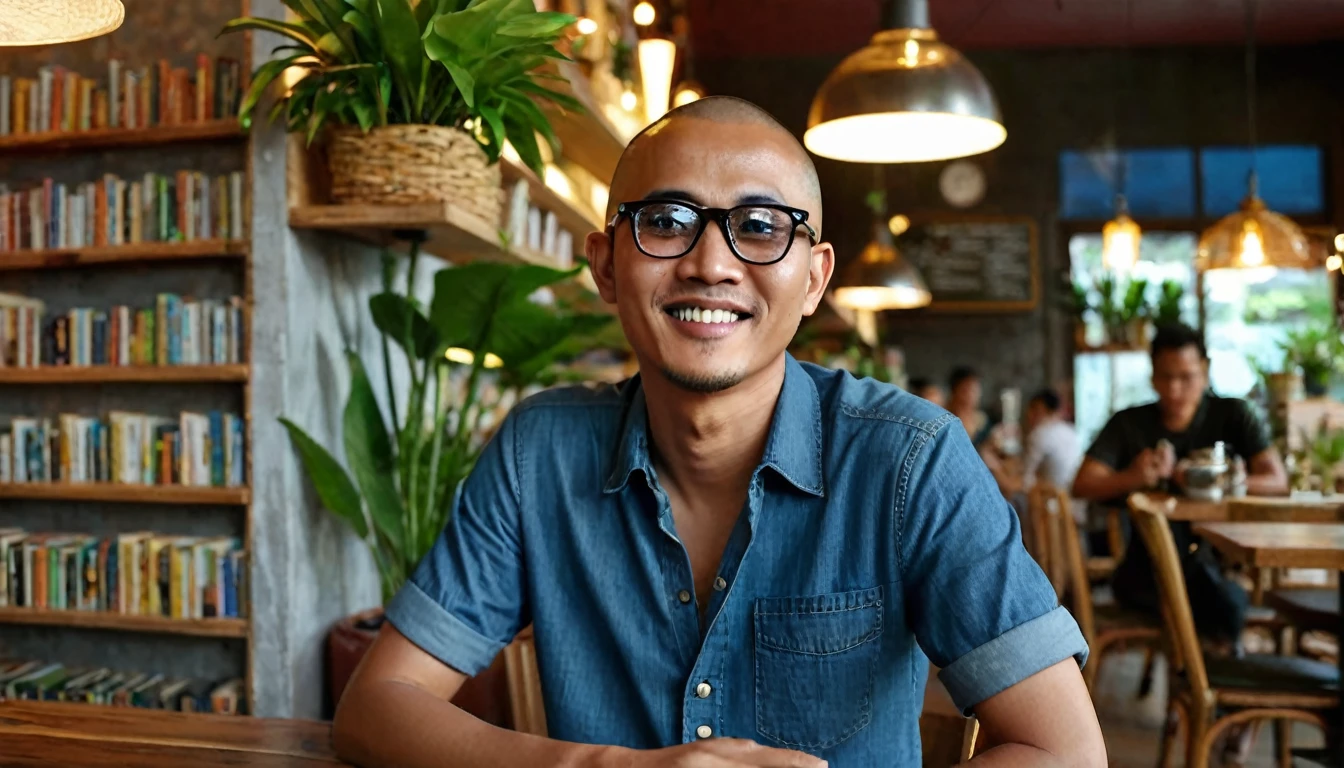 Create an image of Adul, an Indonesian man with a shaved head, slightly brownish skin color, 30 years old, wearing a simple blue shirt, blue jeans, black shoes, and dark Ray-Ban black glasses. He is sitting in a cozy café with wooden tables and dim hanging lights. Adul is looking up with a captivated expression as a beautiful woman enters the café. The woman has long, wavy hair, a bright smile, and is wearing a stylish dress. The café’s background includes shelves full of books and green houseplants, adding a fresh and intellectual atmosphere. (8K, realistic, hyper focus, hyper details, wide view, full shot)