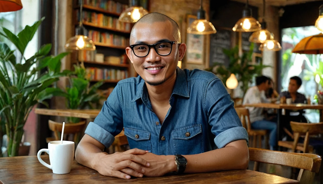 Create an image of Adul, an Indonesian man with a shaved head, slightly brownish skin color, 30 years old, wearing a simple blue shirt, blue jeans, black shoes, and dark Ray-Ban black glasses. He is sitting in a cozy café with wooden tables and dim hanging lights. Adul is looking up with a captivated expression as a beautiful woman enters the café. The woman has long, wavy hair, a bright smile, and is wearing a stylish dress. The café’s background includes shelves full of books and green houseplants, adding a fresh and intellectual atmosphere. (8K, realistic, hyper focus, hyper details, wide view, full shot)