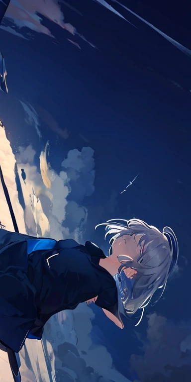 Dark blue sky,A girl closed her eyes and felt the wind