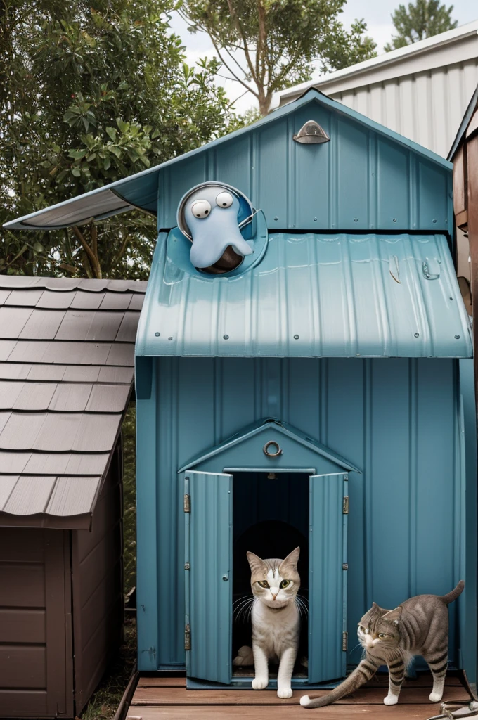 Squidward coming out of his tin house to scold some cats that are fighting very hard on his roof and Squidward is going to scold them