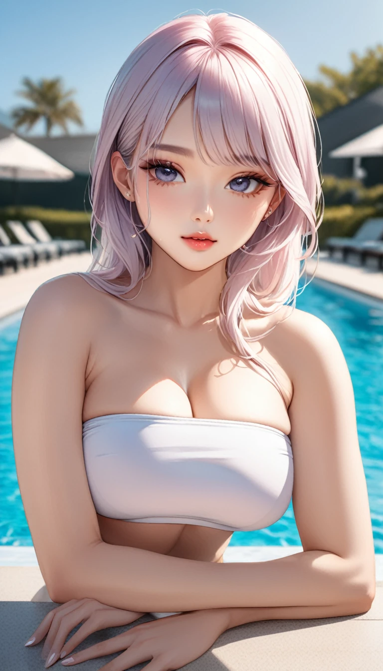 (((masterpiece))),(((High resolution)))、(((8K quality)))、(((perfect face)))、(((Korean beauty))), 30 years old, (((tube top))), bikini, look at the camera, ((high resolution face)), top quality eyes, at the pool, Married woman, cool women, big tits
