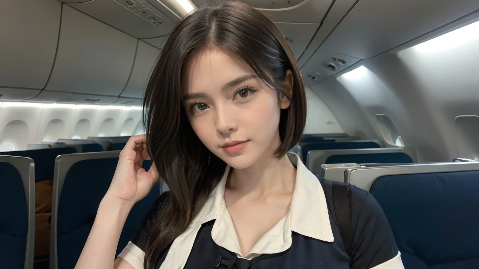 ((masterpiece, Highest quality)), Cleavageの綺麗な美しい女性 :1.55, Cleavage:1.55,(brown〜Black Hair, Bob Hairstyle, Square face), (Big Breasts:1.5), (Natural Skin), foot, (Super short airline stewardess uniform:1.3), (Seductive look:1.2), Airplane cabin background, (超High resolution, 8k wallpaper, High resolution), Cinema Lighting, Physically Based Rendering, Award-winning, Highly detailed skin, Highly detailed face, High Detail Eyes, Carl Zeiss 85mm f/1.4, By Ellen von Unwerth
