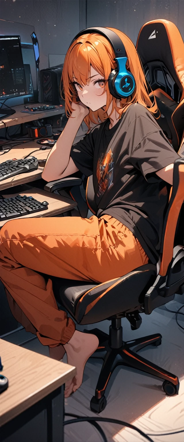 (masterpiece), (highest quality), (illustration), (super detailed), (high resolution), absurdity,1boy,solo,headphones,gaming chair,computer keyboard,desk,game controller,holding game controller,indoors,monitor,looking at viewer,black shirt,orange shorts