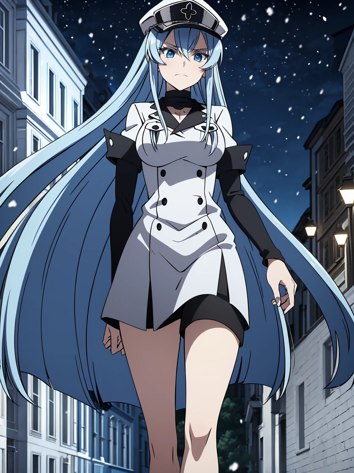 (artwork, best quality) a girl with long blue hair, blue eyes, blue eyelashes, big breasts, white sweatshirt with a hat, walking, upset, on a street in Russia, snowing heavily, at night