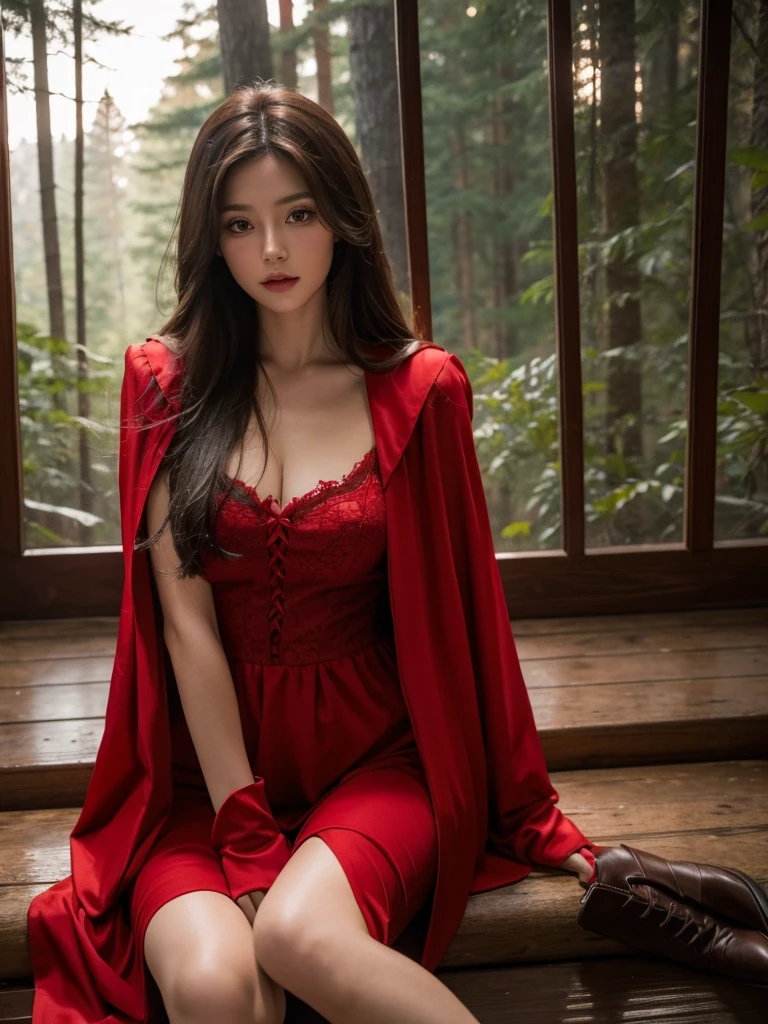 Red riding hood with brown eyes and long hair in sexy clothes in a cabin in the forest night photo shoot 