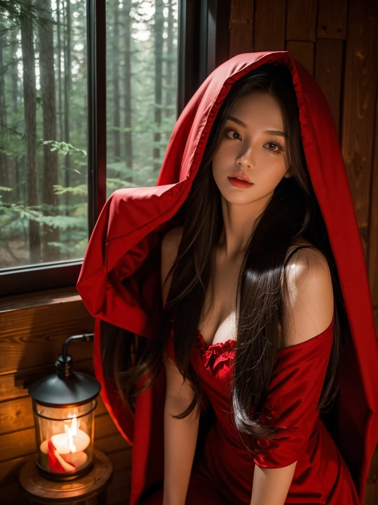Red riding hood with brown eyes and long hair in sexy clothes in a cabin in the forest night photo shoot 