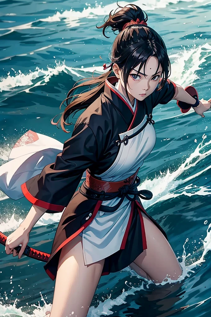 a samurai woman uses the power of water to defeat the enemy