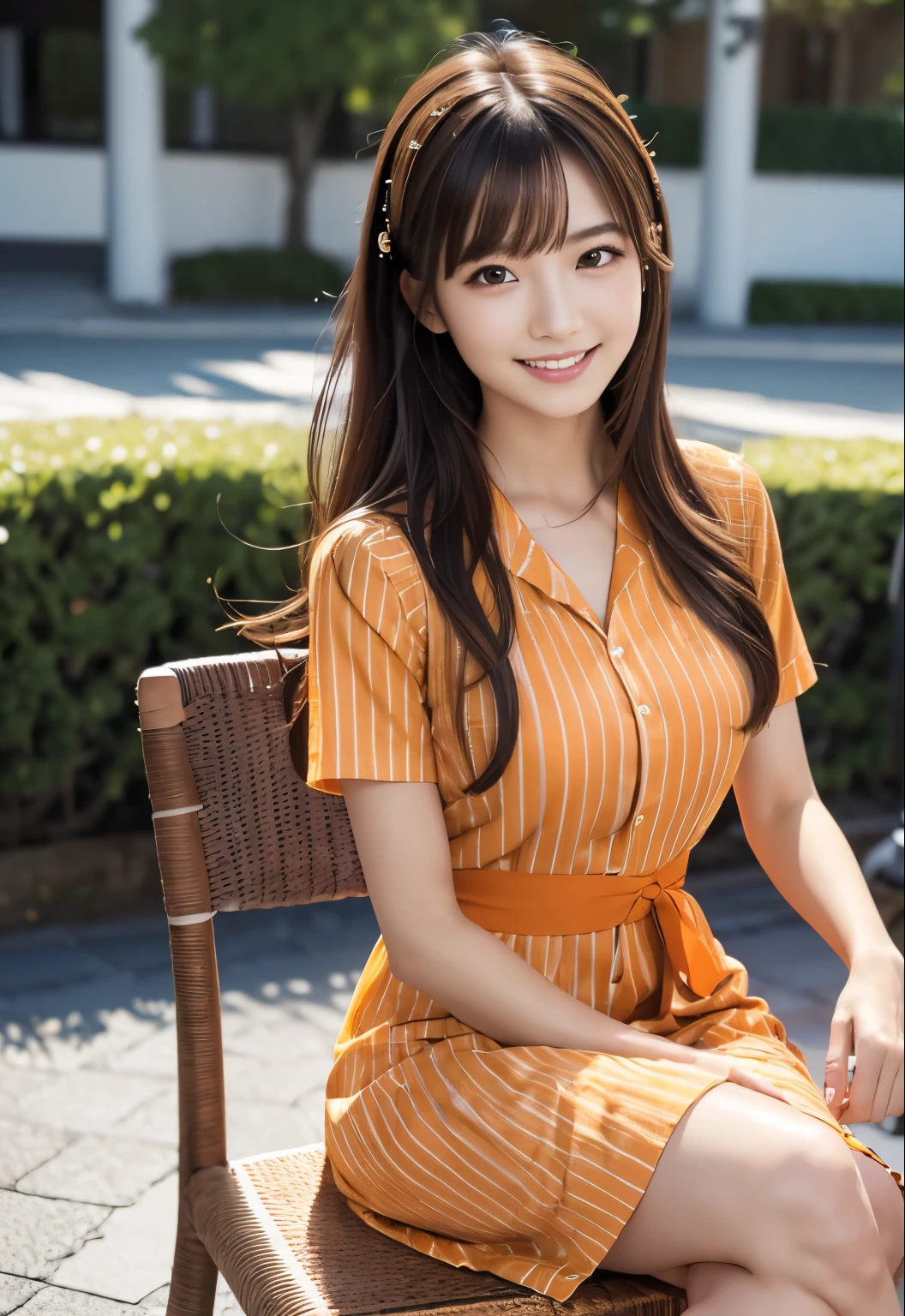 (masterpiece, best quality:1.1), (8K, raw photo, photo realistic:1.2, f22), (shiny skin),japanese,detailed skin,long hair,ribbon,detailed face, detailed eyes,smile,BREAK, real world, intricate details, smil, BREAK, 1girl, full body,(short sleeve,dress,orange,stripe),BREAK ,(Chair:1.4)
