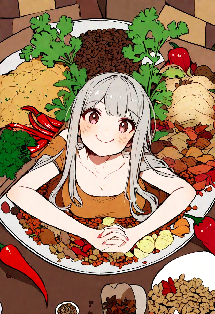 Chili pepper、spices、woman、smile、eating、Spices is in the middle of the image、very skinny female、cute、Korean、Asian Girl、beautiful girl、Lifting the spices、It's like lining up faces next to a plate of spices、The person was lying on top of more than 10 kinds of spices, including chili peppers and parsley.