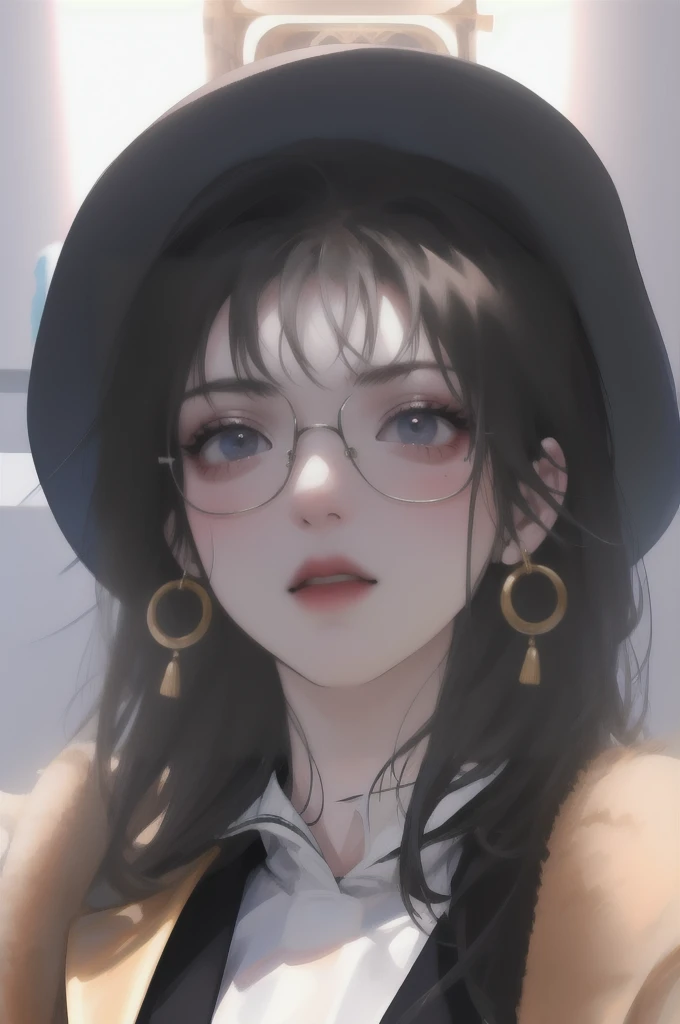 a young woman with long black hair, blue eyes, and round glasses, wearing a black hat with a golden detail, gold hoop earrings, detailed facial features, elegant, portrait, cinematic lighting, dramatic colors, highly detailed, 4k, photorealistic, digital painting