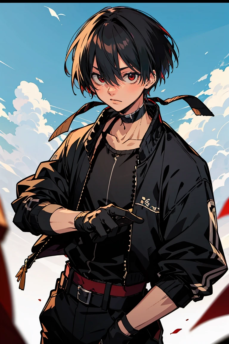 rekkyou sensen,rekkyo sensen, hasuichi nishizono, short hair, black hair, red eyes, boy, male, anime,1boy, bangs, hair between eyes, jacket, looking at viewer, male focus, solo, zipper, black clothes, black gloves, black pants, upper body, silver choker, blue sky, sunshine, shanghai, china, villages, temple