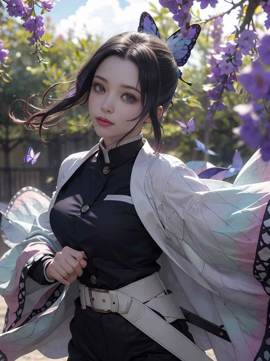 Ultra-realistic 8K CG, masterpiece, close, (Dynamic pose: 1.3), beauty, goddess, from the front, from the front, face sticking out, (Highly detailed background, Delicate pattern, Intricate details)), high quality, highly detailed face, Highly detailed eyes and face, Highly detailed eyes, Shinobi Kocho, Colorful Hair, No bangs, Hair Intake, Purple eyes, amount, Black Shirt, Black trousers, (Haori, butterfly: 1.3, button, belt), (garden: 1.2), Purple Flower, Redcliffe, cloudy null, sunlight, Tyndall effect, slope_null, face, gorgeous null, sword on waist,